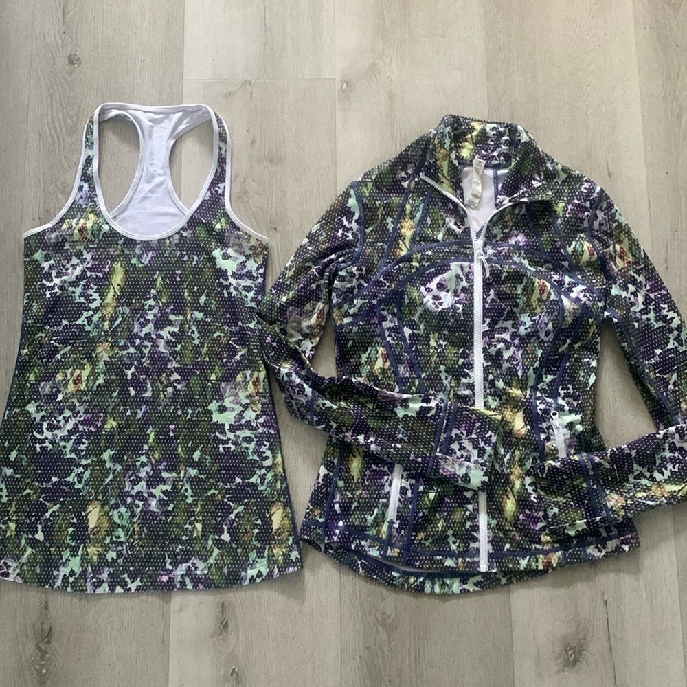 LULULEMON SET of 2 DEFINE JACKET zip AND thank top floral‎ size 6 purple white